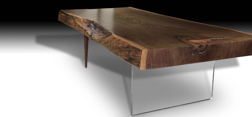 Animal live edge walnut wood coffee table with teak wood pencil legs and glass base