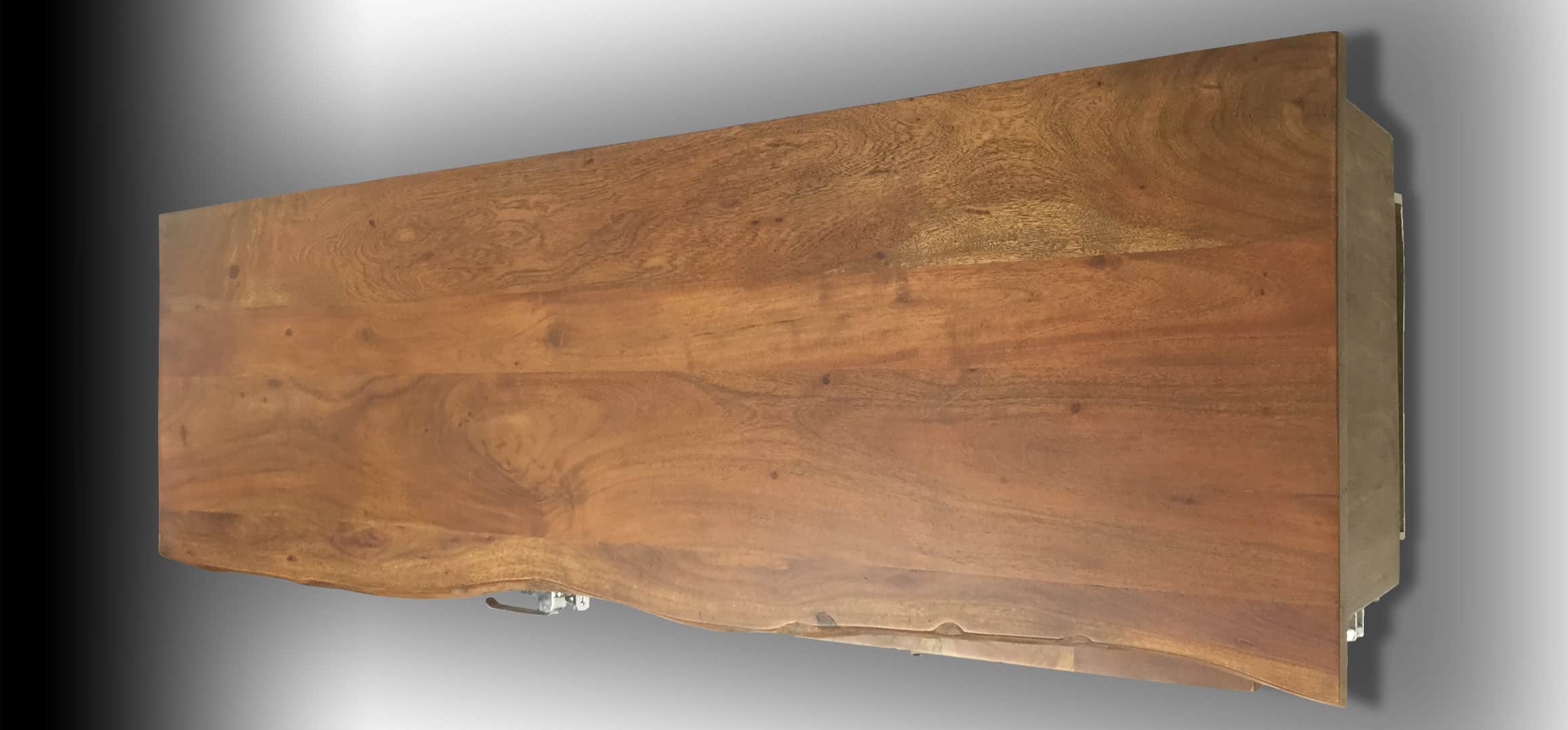 Arnold live edge Mahogany wood console table aerial view