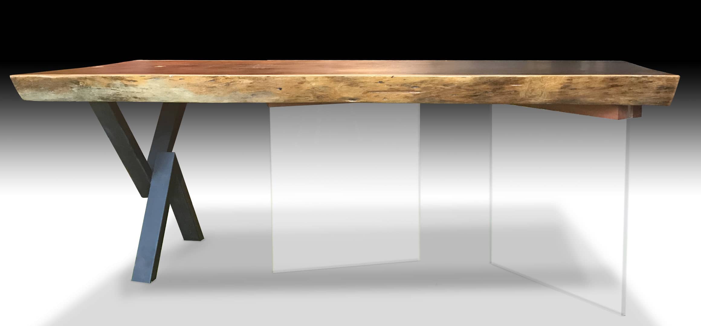 Floating live edge Suar wood dining table side view