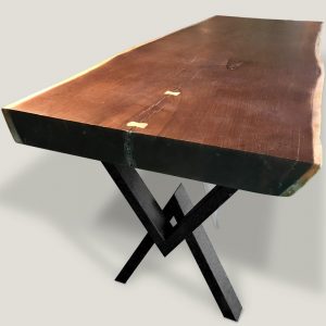 Floating live edge wooden dining table with wooden base