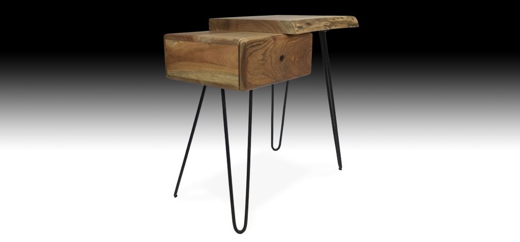 Gandan Acacia wood side table with metal legs diagonal view
