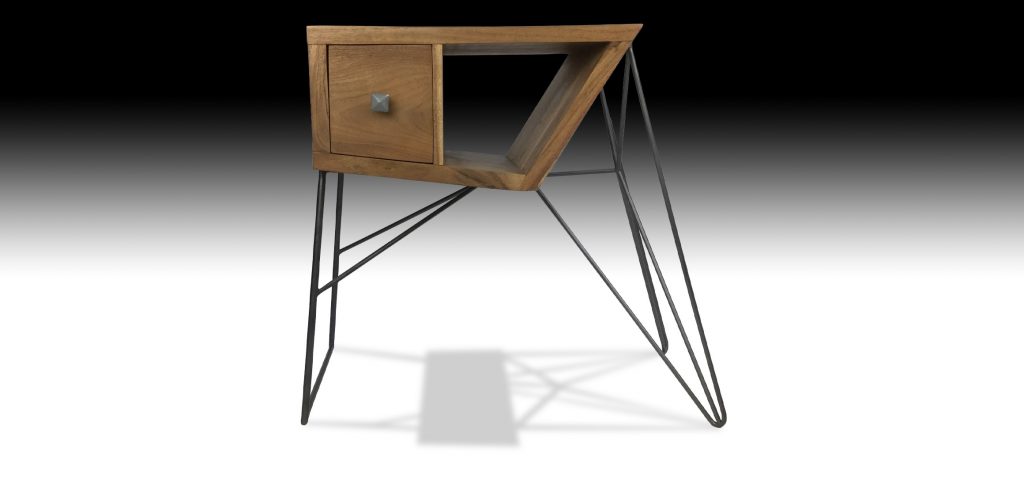 Gandan cube Acacia wood side table with metal legs front view