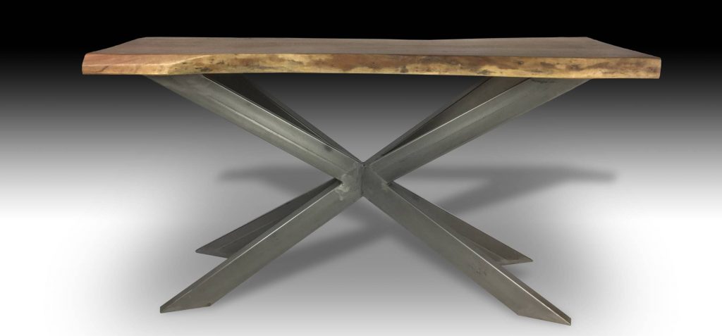 Ivars live edge Acacia wood console Table with cross metal base front view