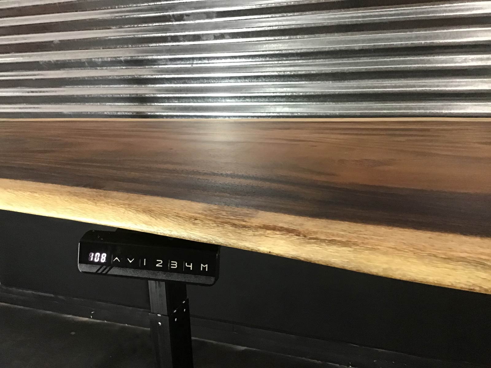 Live Edge Suar Wood Work Desk with Hydraulic Stand close up