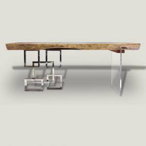 Mandarin live edge wooden dining table with metal and glass base