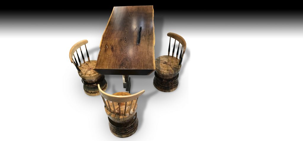 Mandarin live edge Walnut wood dining table with 3 organic Zen chair
