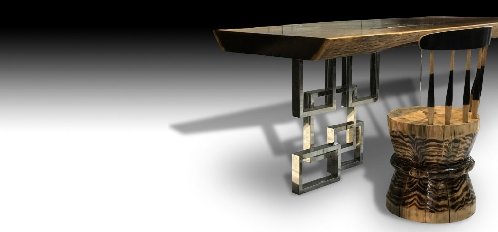 Mandarin live edge Walnut wood dining table with organic Zen chair