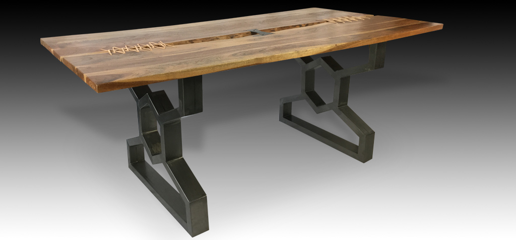 Thanya live edge Acacia wood dining table with metal base surface view