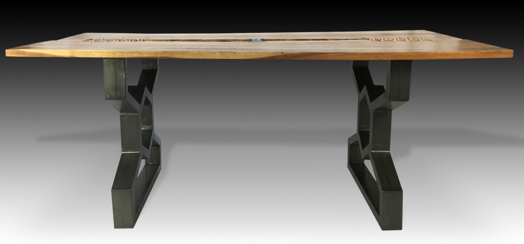 Thanya live edge Acacia wood dining table with metal base side view
