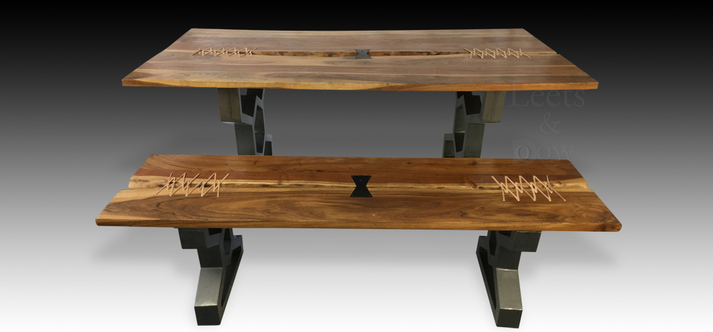 Thanya live edge Acacia wood dining table with Thanya live edge Acacia wood bench