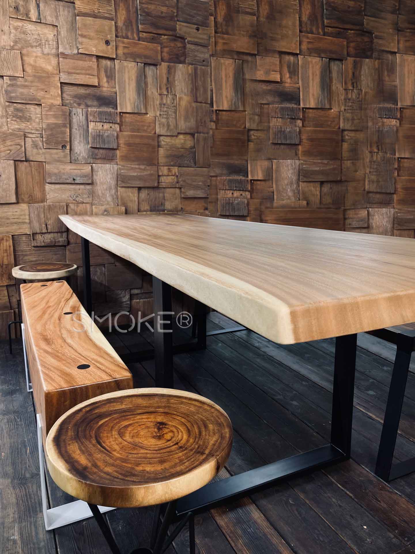 solid wood dining table with suar wood bench and stools