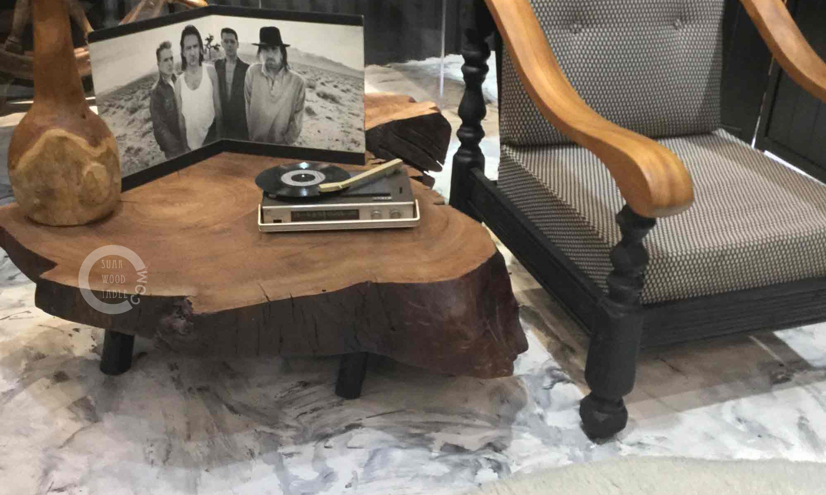 turntable on reclaimed wooden coffee table