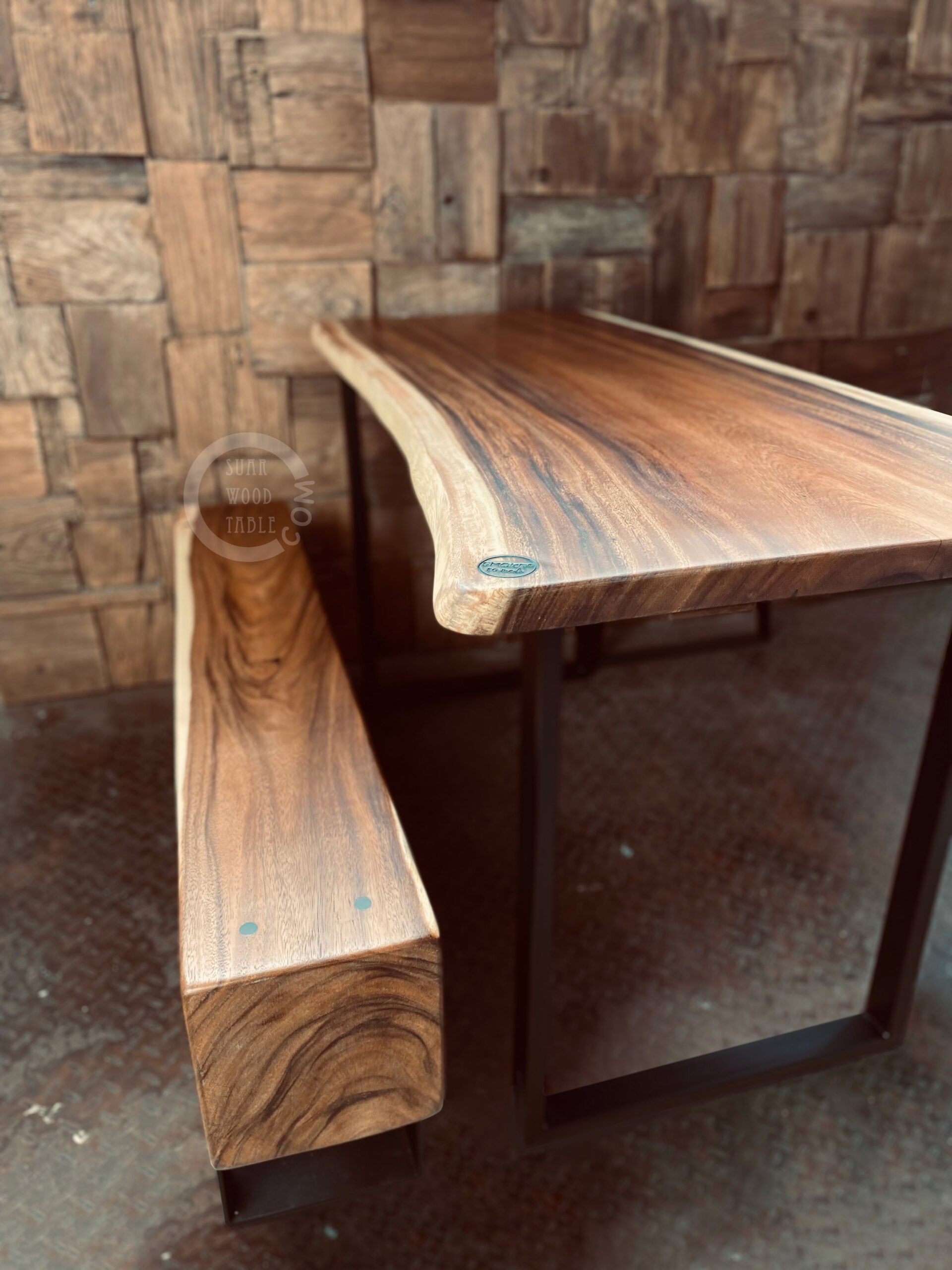 Suar Wood Single Slab Table Top with Custom Reclaimed wood Singapore Bench